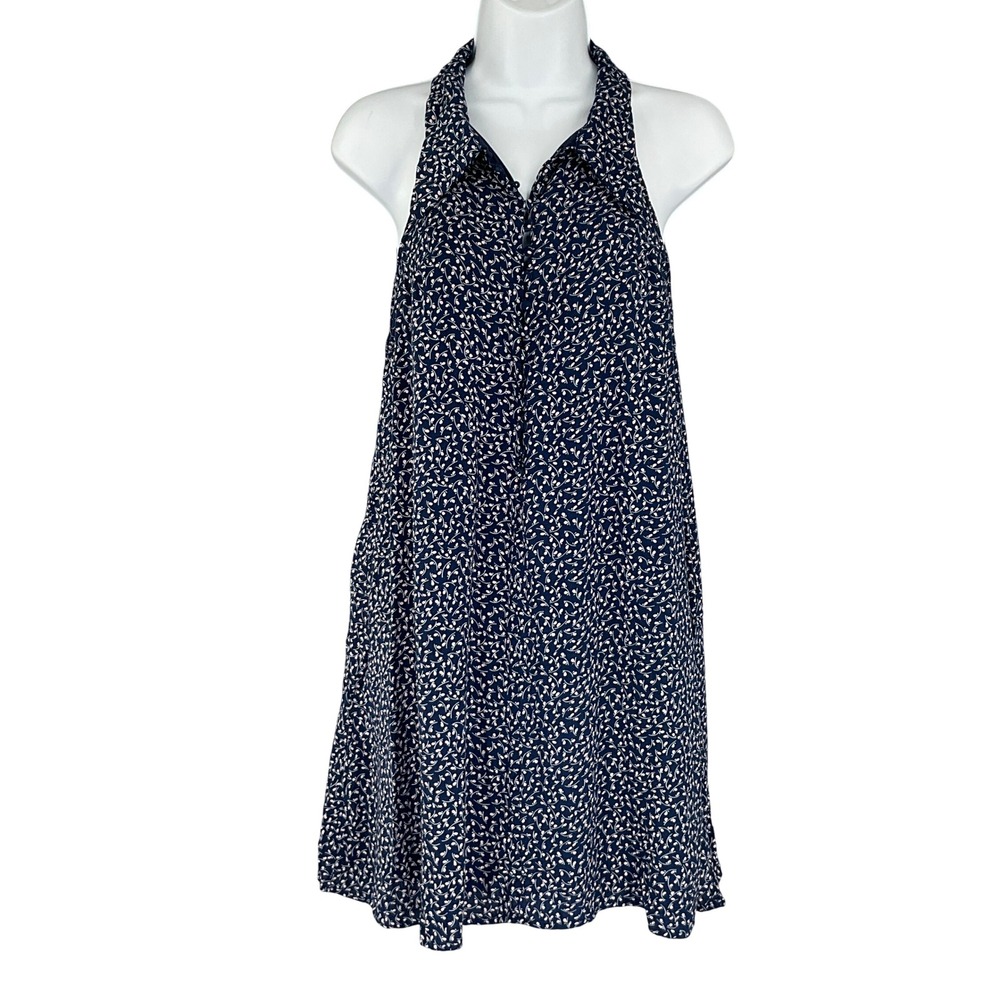Entro Navy Blue Dainty Floral Print Halter Neck Midi Dress Sz M‎ Flowy Preppy